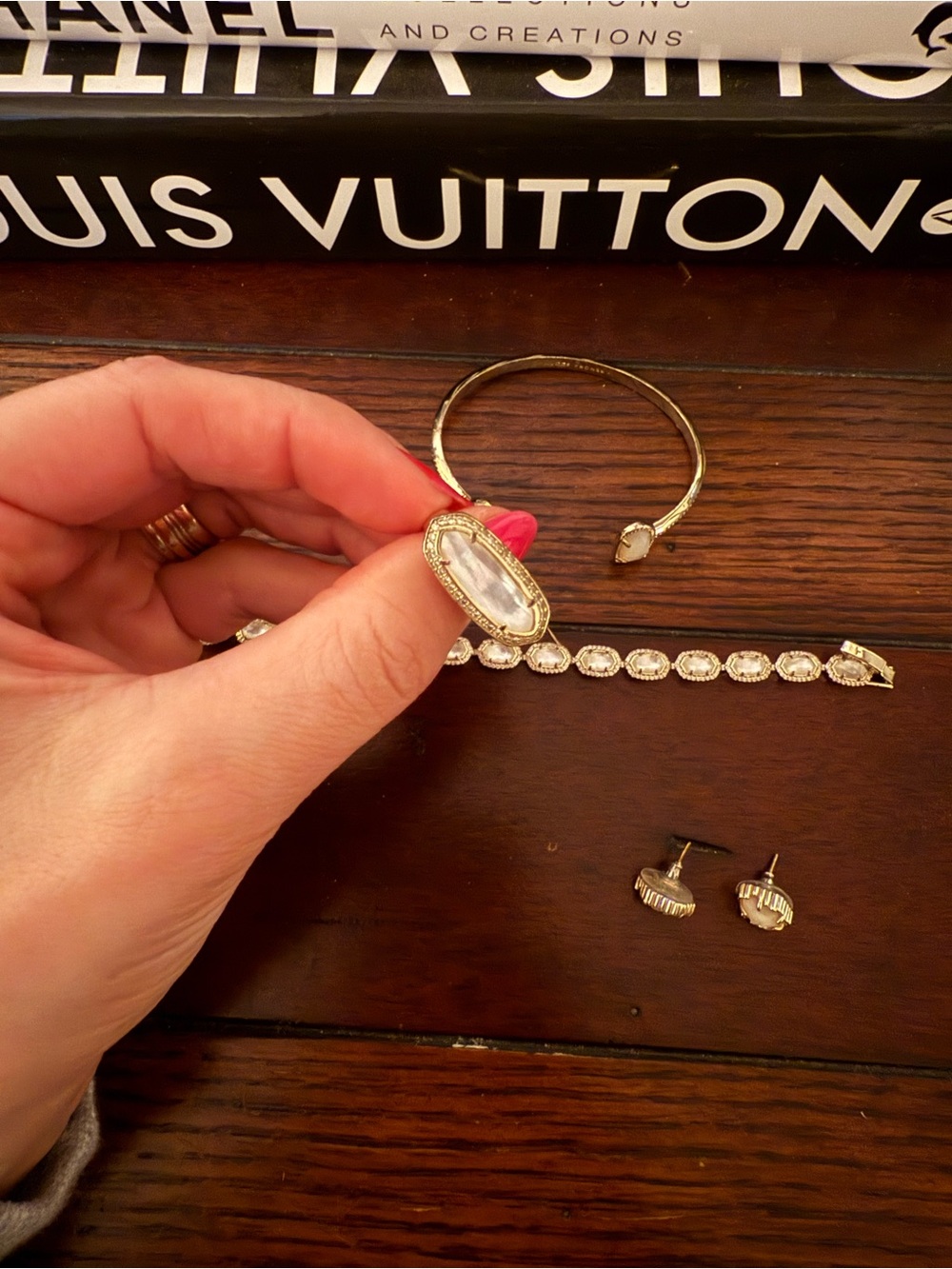 Kendra Scott Gold-Tone White Crystal Ring, Bracelets, and earrings